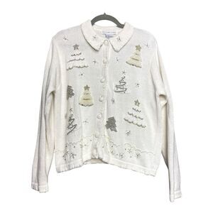 Vintage Victoria Jones white embroidery cardigan sweater size L